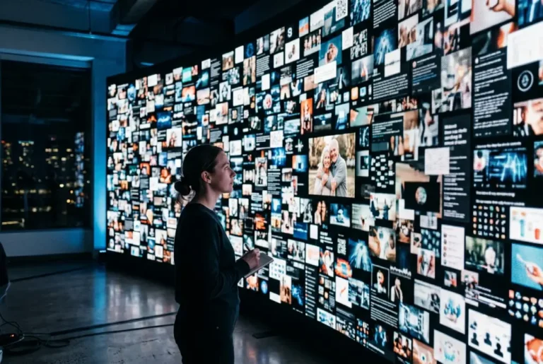 Persona observando una pantalla con contenido digital generado por inteligencia artificial mientras busca información auténtica en internet
