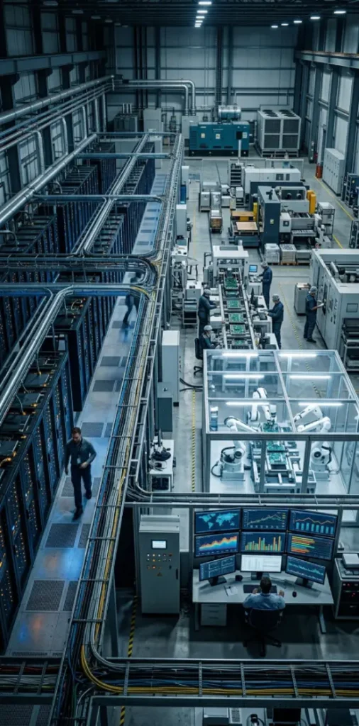 Centro de datos con servidores, chips e infraestructura tecnológica que representa el impacto de la inteligencia artificial en la economía y la industria.