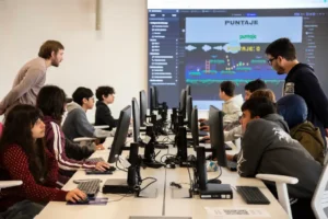 Jóvenes desarrollando videojuegos en un taller de programación y habilidades digitales con computadoras.
