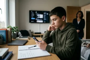 Adolescente frente a un smartphone mientras reflexiona sobre el impacto de las redes sociales en la salud mental juvenil y el debate sobre su regulación.