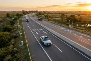 Recreación hiperrealista de la Ruta Nacional 14 equipada con infraestructura inteligente para vehículos autónomos, incluyendo señalización avanzada, barreras centrales y sistemas de conectividad vial.