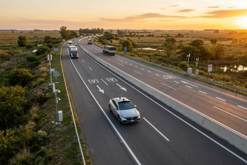 Recreación hiperrealista de la Ruta Nacional 14 equipada con infraestructura inteligente para vehículos autónomos, incluyendo señalización avanzada, barreras centrales y sistemas de conectividad vial.