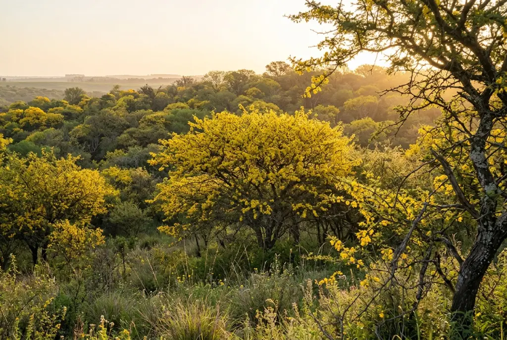 Bosque nativo de Entre Ríos con aromitos y espinillos, especies emblemáticas del espinal entrerriano utilizadas en la conservación ambiental y la producción sostenible.