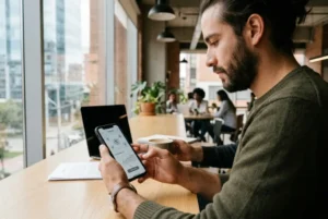 Profesional usando un smartphone con una billetera digital en un entorno de trabajo remoto, representando pagos internacionales y economía digital en Latinoamérica.