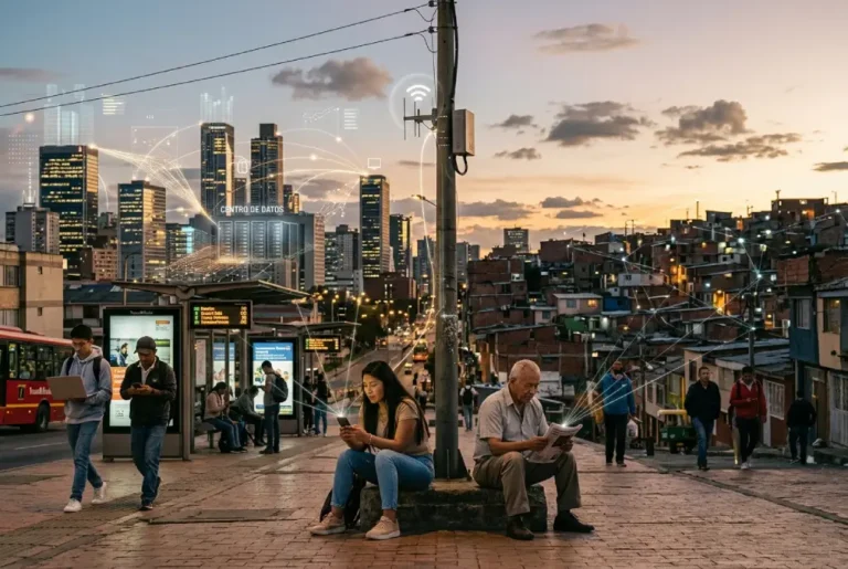 Personas conectadas a internet en una ciudad latinoamericana mientras la tecnología digital evidencia las diferencias de acceso, conocimiento y soberanía sobre los datos.