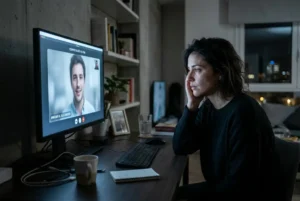 Persona frente a una pantalla con un avatar hiperrealista de inteligencia artificial de un ser fallecido durante una videollamada, en un entorno doméstico minimalista iluminado con luz fría, transmitiendo tensión emocional entre duelo y tecnología.