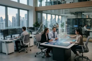 Crea una imagen hiperrealista en formato horizontal 3:2 para la portada de un artículo periodístico de tecnología empresarial. La escena debe representar la llegada de la inteligencia artificial agéntica al mundo corporativo: una oficina moderna de una gran empresa donde humanos y sistemas digitales colaboran, con una presencia visual elegante de agentes de IA como una red de interfaces inteligentes, pantallas holográficas sutiles y flujos de datos conectando distintos sistemas empresariales. El concepto central debe transmitir una transición entre la fuerza laboral humana y una nueva fuerza laboral digital basada en inteligencia artificial, sin mostrar robots humanoides caricaturescos. Representar a la IA como infraestructura invisible pero poderosa: capas de datos, automatización, servidores, conexiones digitales y análisis en tiempo real. Estilo visual de portada de grandes medios internacionales de negocios y tecnología, similar a una fotografía editorial de alta gama para revistas como MIT Technology Review, The Economist, Wired o Bloomberg Businessweek. Fotografía cinematográfica, iluminación natural profesional, composición limpia, realismo extremo, detalles corporativos premium. Incluir elementos visuales que sugieran: integración entre humanos y agentes inteligentes; sistemas empresariales conectados; automatización avanzada; arquitectura digital moderna; supervisión humana sobre tecnología autónoma. Evitar: robots con apariencia humana; estética futurista exagerada; ciencia ficción; neones artificiales; interfaces saturadas; texto o letras dentro de la imagen; logos o marcas. Composición pensada para imagen destacada de WordPress: sujeto principal ubicado ligeramente hacia un lateral, dejando espacio visual limpio para colocar título encima si fuera necesario. Realismo fotográfico, lente profesional, profundidad de campo cinematográfica, resolución ultra alta, estilo editorial contemporáneo.