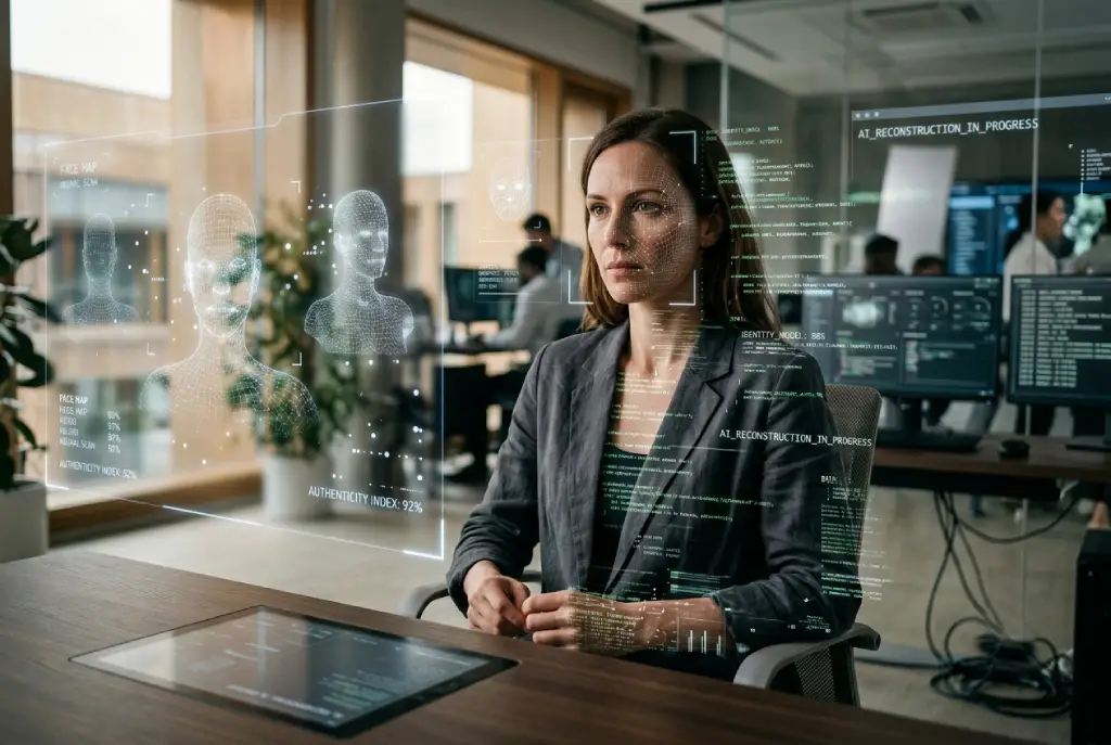 Figura humana fragmentada en capas de datos digitales mientras un sistema de inteligencia artificial reconstruye su identidad, en un entorno realista con pantallas biométricas y reflejos múltiples de la misma persona.