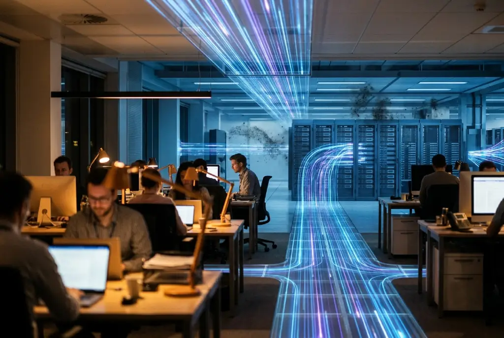 Infraestructura digital global mostrando el flujo de correos electrónicos y su impacto ambiental en centros de datos