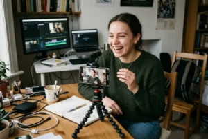 Creadora de contenido grabando un video de forma espontánea en su hogar, reflejando la Cultura del Caos y la búsqueda de autenticidad en las redes sociales.