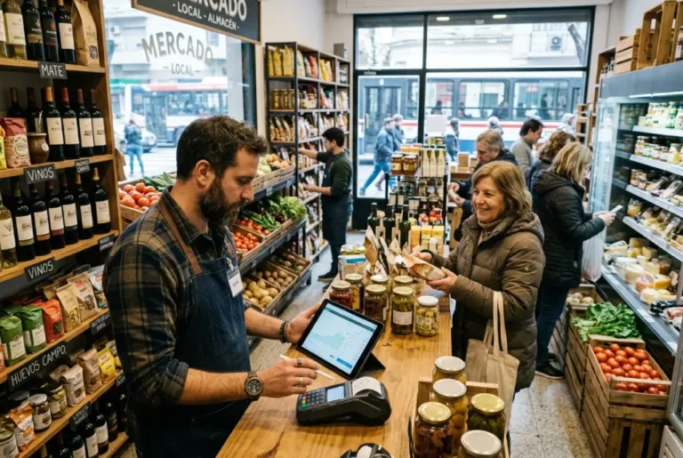 Emprendedor de un comercio local gestionando su negocio mientras revisa ventas y herramientas de administración en un programa de fortalecimiento para pymes.