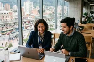 Funcionaria pública y emprendedor de una startup analizan una solución digital para servicios públicos en una ciudad latinoamericana.
