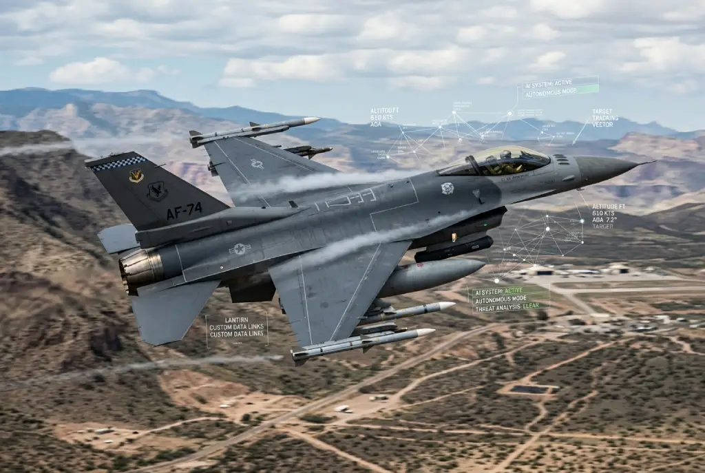 F-16 autónomo controlado por inteligencia artificial durante una prueba militar con sistemas digitales avanzados de IA