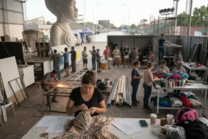 Trabajadores, artistas, músicos y colaboradores preparando estructuras, vestuarios y otros elementos del Carnaval de Concordia, en una escena conceptual sobre la organización comunitaria del evento durante todo el año.