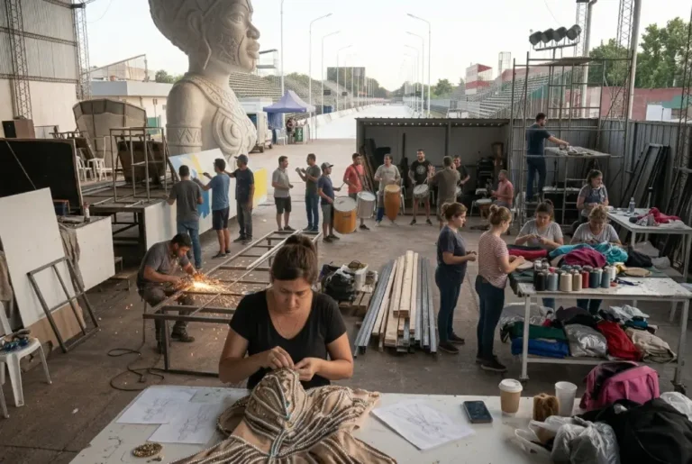 Trabajadores, artistas, músicos y colaboradores preparando estructuras, vestuarios y otros elementos del Carnaval de Concordia, en una escena conceptual sobre la organización comunitaria del evento durante todo el año.