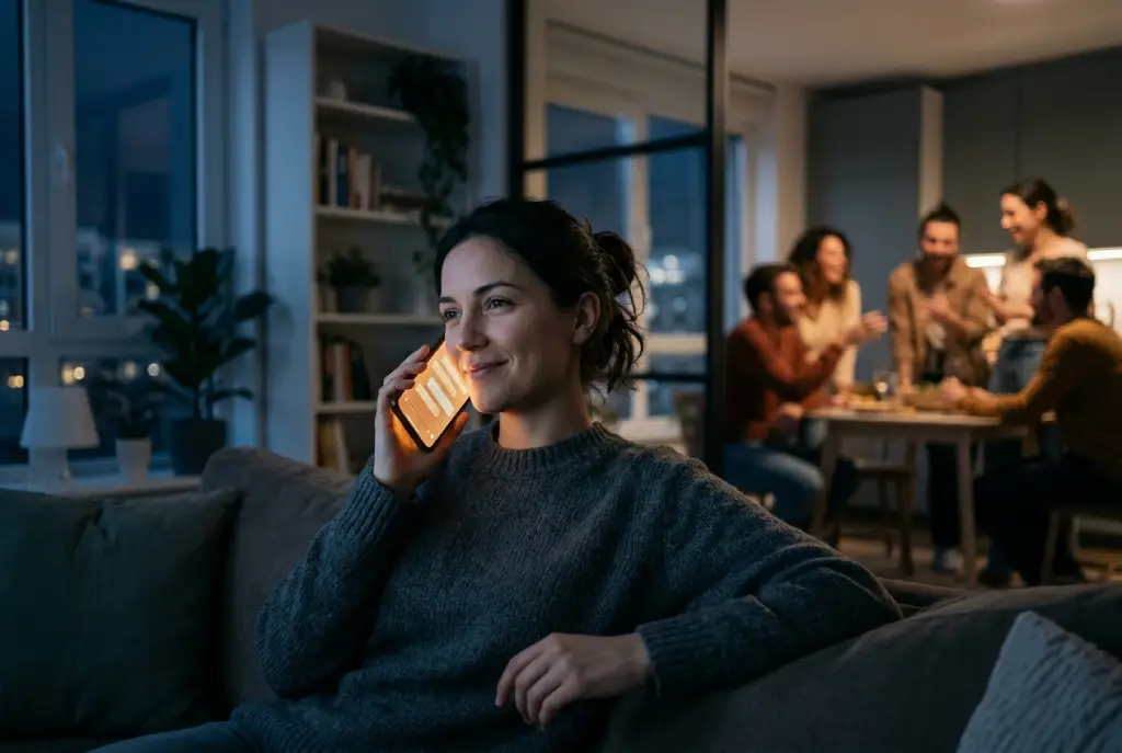 Persona conversando con una inteligencia artificial desde su smartphone mientras permanece aislada de otras personas, simbolizando el impacto de la IA en las relaciones humanas.
