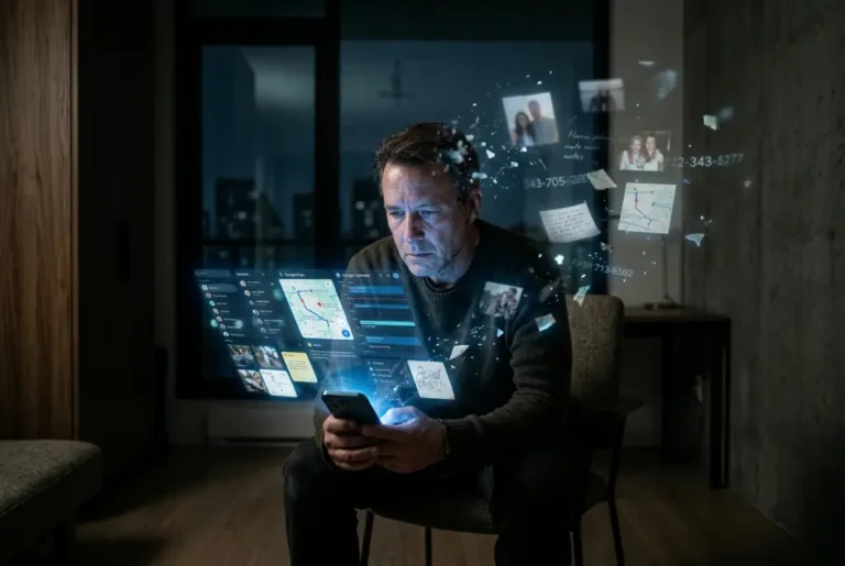 Fotografía editorial hiperrealista, formato horizontal 3:2, estilo visual de The New York Times, Wired, The Atlantic o Bloomberg, calidad fotorrealista, iluminación cinematográfica natural, ultra detallada, 8K. Una persona sola en un apartamento contemporáneo durante la noche conversa con un asistente de inteligencia artificial en su smartphone. Su expresión refleja tranquilidad y conexión emocional mientras la pantalla emite una luz cálida. Detrás de ella, ligeramente desenfocados, se observan varias personas reales reunidas en otra habitación o al otro lado de un ventanal, conversando entre sí, simbolizando el contraste entre los vínculos humanos y la interacción con la IA. La interfaz del teléfono muestra una conversación abstracta, sin texto legible ni marcas reconocibles. La composición transmite una sensación de comodidad, pero también de aislamiento silencioso, evitando dramatismos exagerados. Colores fríos en el entorno y una iluminación cálida proveniente del dispositivo para reforzar el contraste emocional. Profundidad de campo profesional, encuadre editorial, estética de reportaje de portada sobre tecnología y sociedad. Sin logotipos, sin texto, sin marcas de agua, sin elementos de ciencia ficción exagerados ni robots humanoides. El foco debe estar en la relación emocional entre la persona y la tecnología.