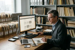 Investigador consulta archivos digitales mientras una computadora muestra enlaces web desaparecidos.