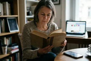 Persona leyendo un libro mientras un teléfono y pantallas digitales representan la tensión entre lectura profunda y distracción digital.