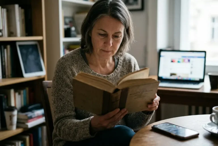 Persona leyendo un libro mientras un teléfono y pantallas digitales representan la tensión entre lectura profunda y distracción digital.