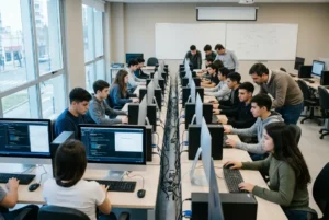 Aula de una escuela técnica con escritorios equipados con computadoras de escritorio utilizadas por estudiantes durante actividades de formación tecnológica.