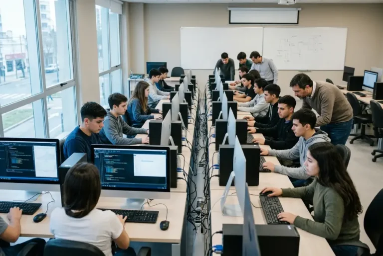 Aula de una escuela técnica con escritorios equipados con computadoras de escritorio utilizadas por estudiantes durante actividades de formación tecnológica.