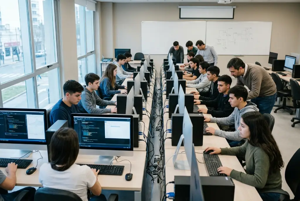 Aula de una escuela técnica con escritorios equipados con computadoras de escritorio utilizadas por estudiantes durante actividades de formación tecnológica.