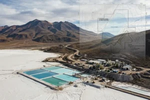 Paisaje de la Puna argentina con un salar de litio, infraestructura minera y representación territorial del debate sobre la Ley de Tierras y los recursos estratégicos.