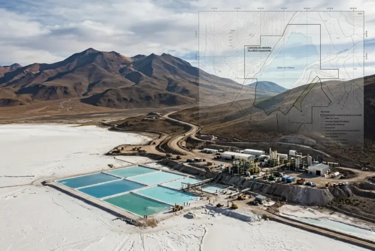 Paisaje de la Puna argentina con un salar de litio, infraestructura minera y representación territorial del debate sobre la Ley de Tierras y los recursos estratégicos.