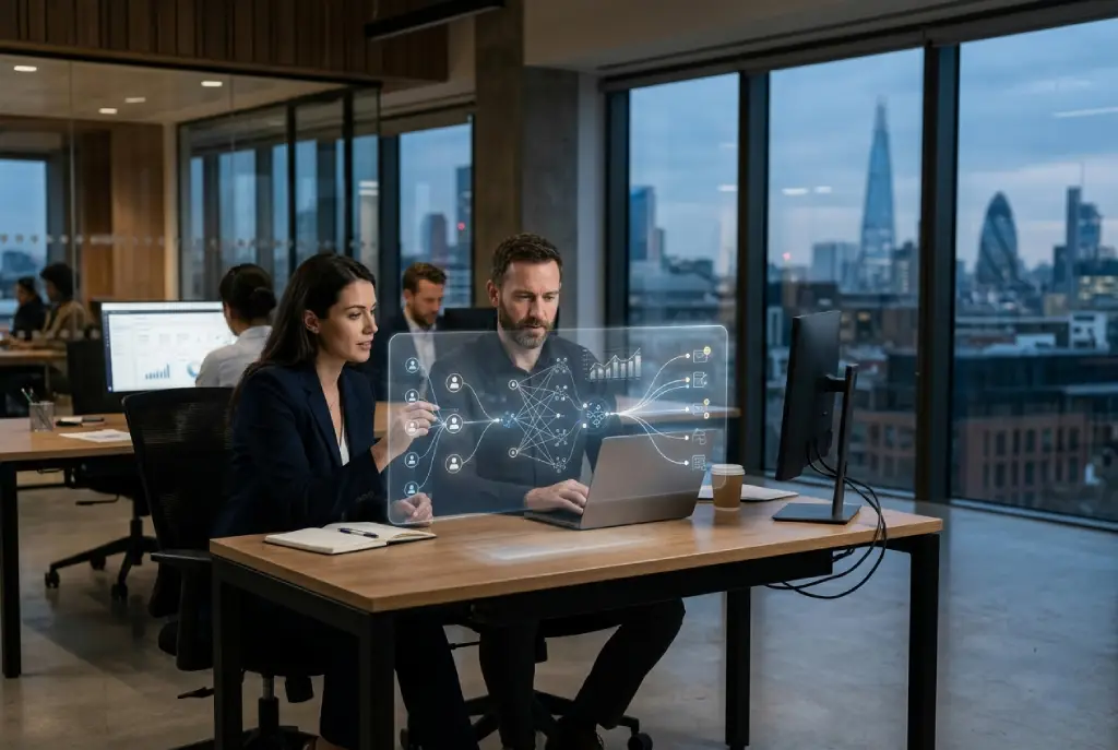Salesforce integra CRM, datos e inteligencia artificial empresarial en una oficina corporativa.