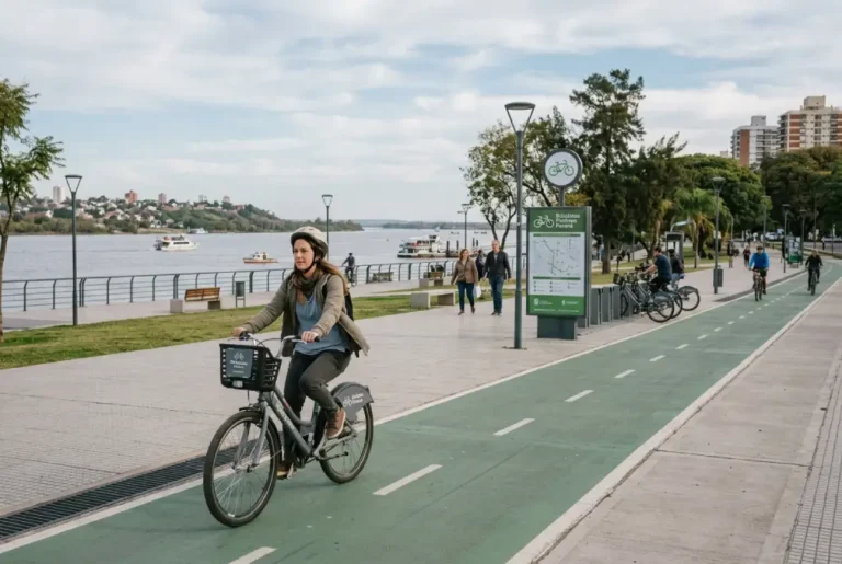 Bicicleta pública de Paraná en la Costanera junto al río Paraná, como parte del sistema Bicivía de movilidad urbana sostenible