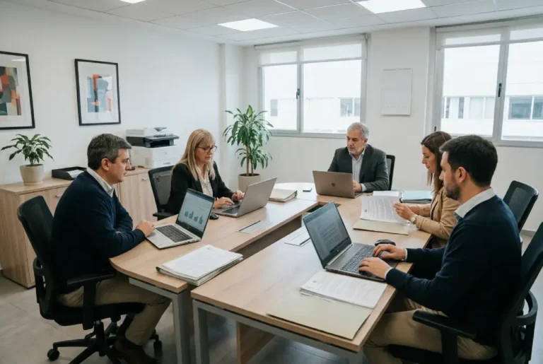 Crear una fotografía editorial periodística en formato horizontal 3:2, utilizando la imagen de referencia adjunta como base visual. La escena debe representar una oficina pública provincial argentina ACTUAL, vinculada con la Caja de Jubilaciones y Pensiones de Entre Ríos y el proceso de reglamentación de una nueva ley previsional. Mantener la composición, el encuadre y los elementos arquitectónicos relevantes de la imagen de referencia, pero actualizar completamente el entorno tecnológico y visual. La oficina debe verse contemporánea, realista y actualmente operativa, como una institución pública moderna en 2026. REQUISITO TECNOLÓGICO: Utilizar únicamente equipamiento informático contemporáneo. Computadoras de escritorio modernas con monitores planos actuales o notebooks profesionales modernas. Teclados y periféricos actuales. Nada de tecnología antigua. PROHIBIDO: - monitores CRT - computadoras antiguas o beige - monitores gruesos - teclados antiguos - impresoras antiguas - teléfonos de oficina de décadas pasadas - máquinas de escribir - tecnología retro - estética de oficina de los años 90 o 2000 - mobiliario que parezca de una institución abandonada o antigua La escena puede mostrar una mesa de trabajo con documentación administrativa contemporánea, una computadora moderna y varias personas trabajando de manera profesional. Los documentos pueden sugerir expedientes y normativa previsional, pero NO deben contener texto legible, números de leyes inventados ni logotipos falsos. La imagen debe transmitir: - administración pública actual - trabajo técnico - reglamentación de una ley - sistema previsional - gestión administrativa - institucionalidad provincial Estética de fotografía periodística argentina contemporánea. Realismo fotográfico alto. Iluminación natural y limpia. Colores sobrios pero actuales. Espacio ordenado, funcional y creíble. No crear una imagen publicitaria ni una escena excesivamente posada. Las personas deben parecer concentradas en una reunión real de trabajo. No agregar logos, escudos, nombres de organismos ni textos inventados. Composición horizontal 3:2, pensada como imagen principal de una noticia para un medio digital. Dejar suficiente espacio visual alrededor de los sujetos para permitir recorte editorial. Resultado: fotografía documental contemporánea, creíble y profesional, sin ningún elemento tecnológico obsoleto.