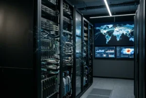 Centro de datos financiero con servidores y redes digitales para pagos electrónicos globales.