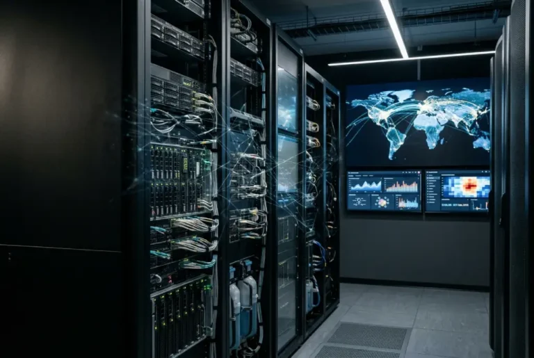 Centro de datos financiero con servidores y redes digitales para pagos electrónicos globales.