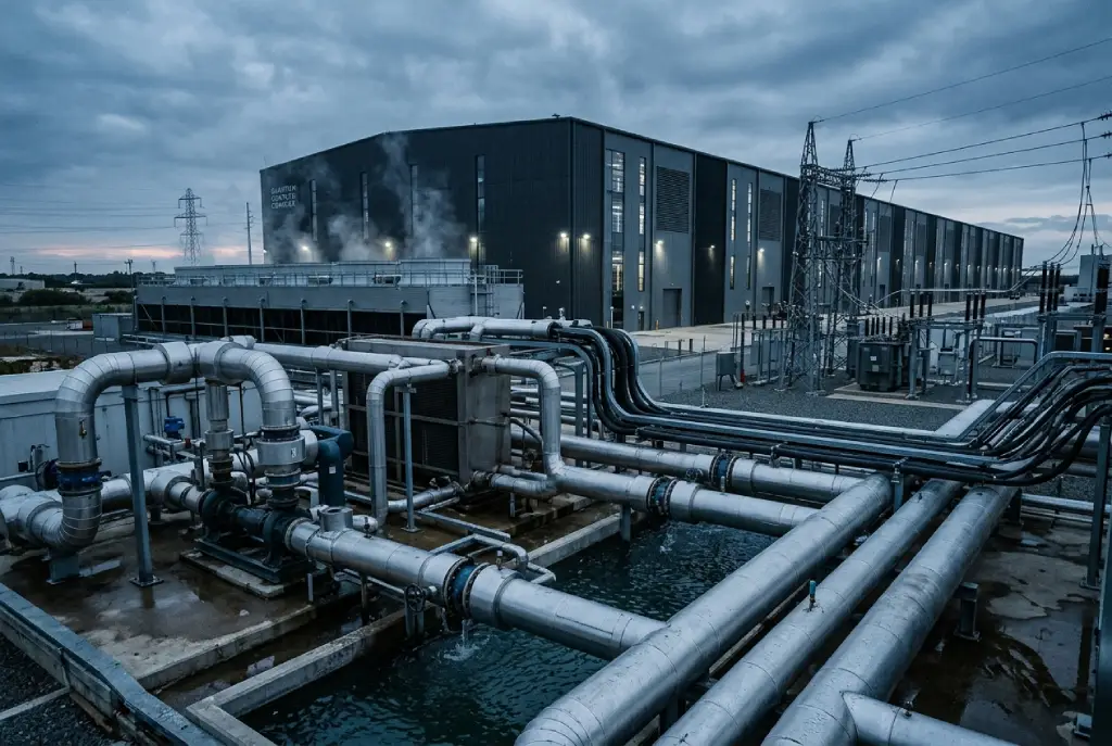Centro de datos de inteligencia artificial con sistemas de refrigeración y tuberías de agua que muestran el consumo hídrico de la infraestructura tecnológica.