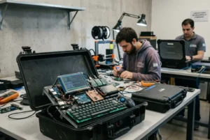 Cyberdeck portátil modular de estilo militar, inspirado en equipos estatales de computación en el borde, con pantalla, teclado mecánico y componentes visibles.