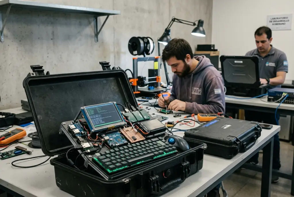 Cyberdeck portátil modular de estilo militar, inspirado en equipos estatales de computación en el borde, con pantalla, teclado mecánico y componentes visibles.
