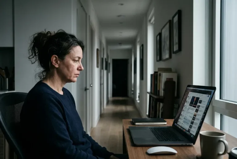 Persona frente a una computadora ante un flujo digital interminable que representa la fatiga y la arquitectura de la web actual.