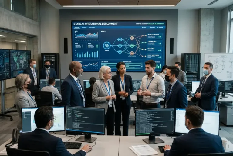 Funcionarios públicos analizan agentes de inteligencia artificial que coordinan servicios estatales mediante datos y sistemas digitales.