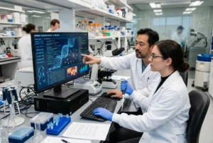 Investigadores utilizan inteligencia artificial para analizar ADN en un laboratorio de biotecnología durante un avance científico sobre virus sintéticos