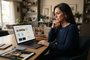 Familiar revisando en una computadora fotografías, documentos y cuentas digitales que forman parte de la herencia online de una persona fallecida.
