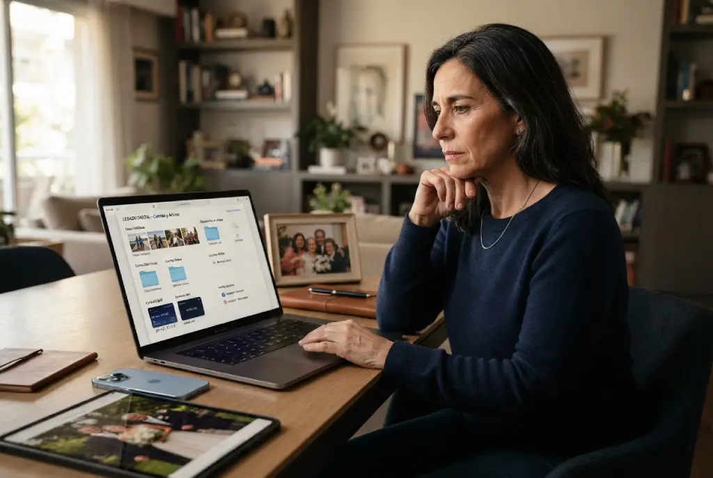Familiar revisando en una computadora fotografías, documentos y cuentas digitales que forman parte de la herencia online de una persona fallecida.