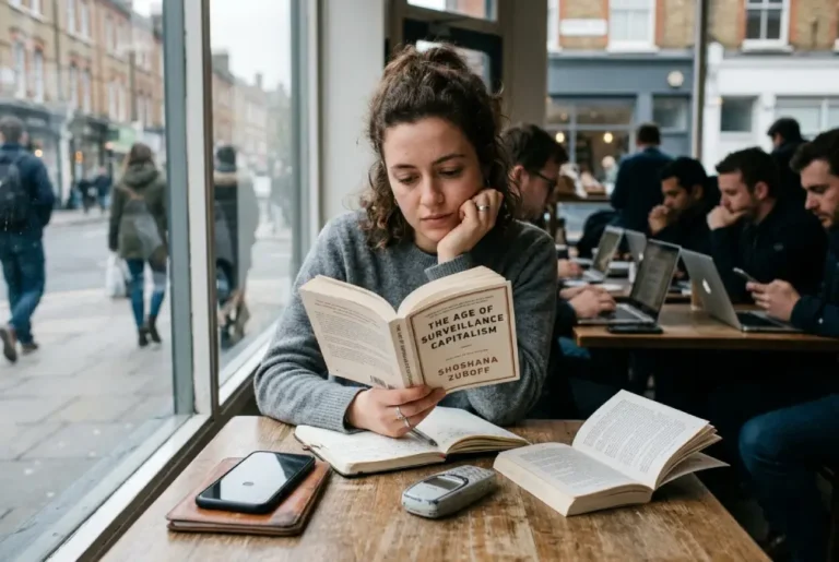 Crear una imagen editorial fotoperiodística hiperrealista, formato horizontal 3:2, con estética visual de grandes medios internacionales. Escena contemporánea en una ciudad urbana: una persona joven sentada sola en una cafetería, con un smartphone moderno colocado boca abajo y apagado sobre la mesa. Frente a ella hay un libro de papel abierto, una libreta y un teléfono móvil antiguo de tapa de principios de los años 2000. Alrededor, otras personas aparecen desenfocadas utilizando computadoras portátiles y smartphones, creando un contraste visual entre la hiperconectividad y el regreso a lo analógico. La persona protagonista debe transmitir cansancio frente a la tecnología, pero sin dramatismo exagerado. Expresión natural, postura relajada, mirada dirigida hacia el libro. Iluminación cinematográfica y natural, luz suave entrando por una ventana, colores realistas y ligeramente fríos, profundidad de campo reducida, fondo urbano desenfocado. La composición debe comunicar visualmente la idea de una reacción contra la hiperconectividad y el deseo de recuperar momentos sin pantallas. El smartphone apagado y el teléfono antiguo deben ser elementos claramente visibles, pero integrados de manera natural en la escena. Estética de fotografía documental premium, hiperrealismo fotográfico, textura auténtica de piel y materiales, iluminación físicamente realista, detalles naturales, composición editorial sofisticada, aspecto de fotografía tomada por un fotoperiodista profesional. Sin estética publicitaria, sin apariencia de imagen generada por IA, sin elementos futuristas. Sin texto, sin titulares, sin logotipos, sin marcas visibles, sin interfaces digitales flotantes, sin gráficos, sin efectos artificiales. Formato horizontal 3:2, alta resolución, composición adecuada para imagen principal de un artículo periodístico.