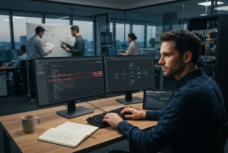 Equipo de ingeniería revisando vulnerabilidades, dependencias de código abierto y controles de ciberseguridad en una empresa tecnológica.
