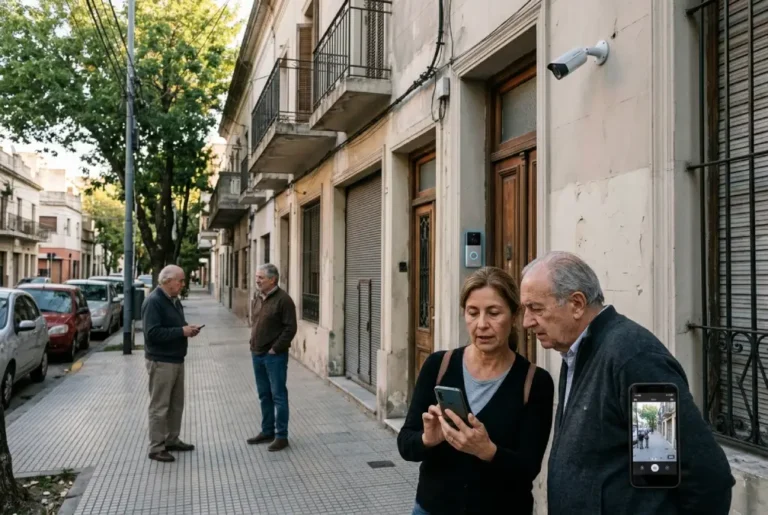 Barrio porteño con vecinos, cámaras de seguridad inteligentes y un celular que muestra imágenes de vigilancia.
