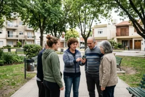 Vecinos conversan en un espacio verde de un barrio argentino mientras comparten información desde un teléfono celular.