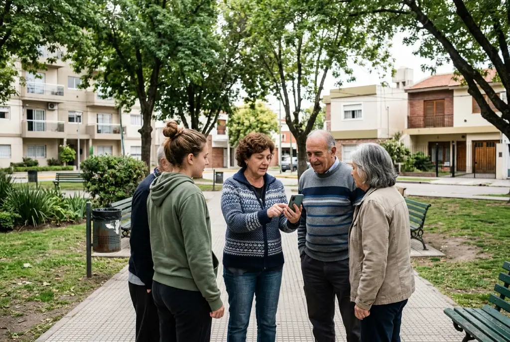 Vecinos conversan en un espacio verde de un barrio argentino mientras comparten información desde un teléfono celular.
