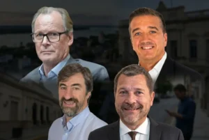 Armando Gay, Ángel Giano, Gustavo Bordet y Marcelo Cresto en un collage editorial sobre el escenario político del PJ de Concordia.