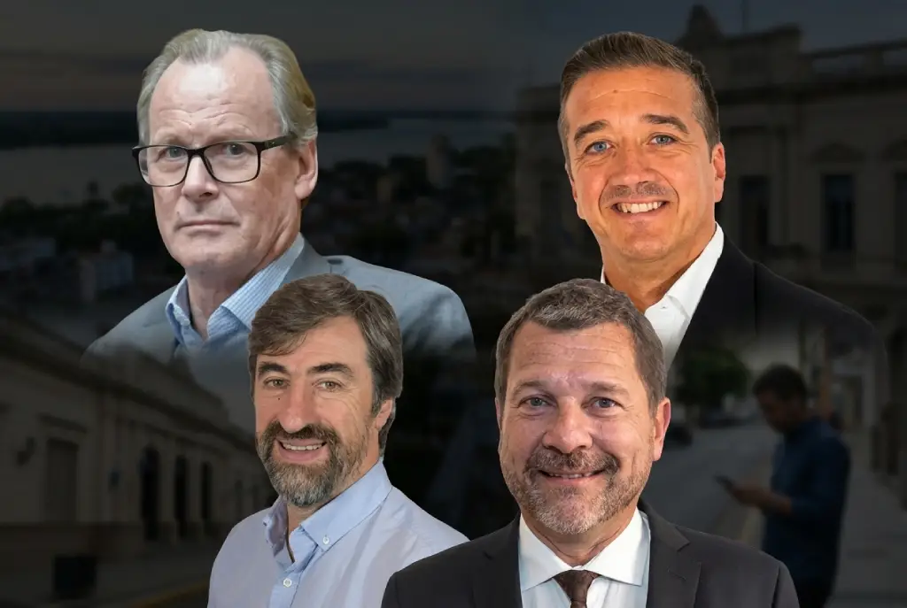 Armando Gay, Ángel Giano, Gustavo Bordet y Marcelo Cresto en un collage editorial sobre el escenario político del PJ de Concordia.