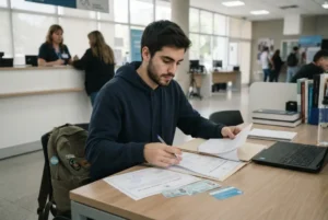 Estudiante universitario revisando documentación para mantener la cobertura de salud como hijo estudiante.